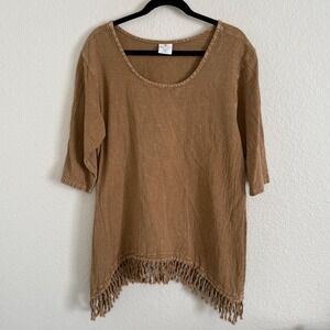 VTG Womens Medium Brown Cotton Fringe Lagenlook Tunic Top Festival Boho Earthy